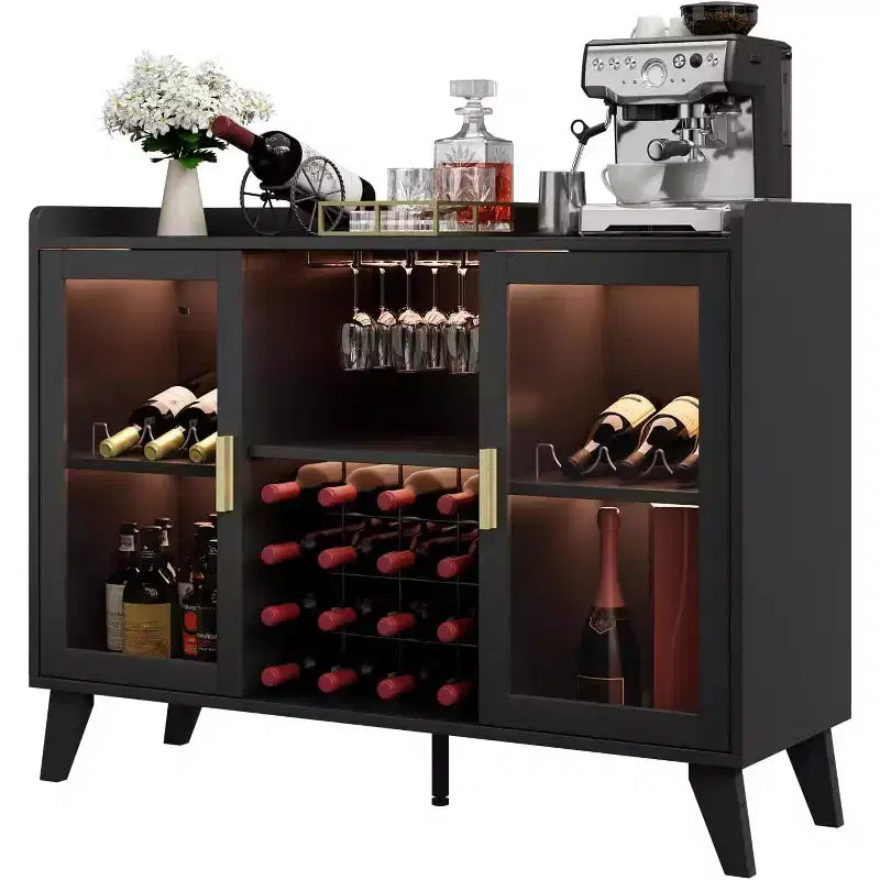 Meuble Bar à Vin de 47 Pouces, Desservante Autonome pour Bouteilles d'Alcool avec Étagères de Rangement, Casier à Vin et Porte-Verres pour Salle à Manger, Cuisine