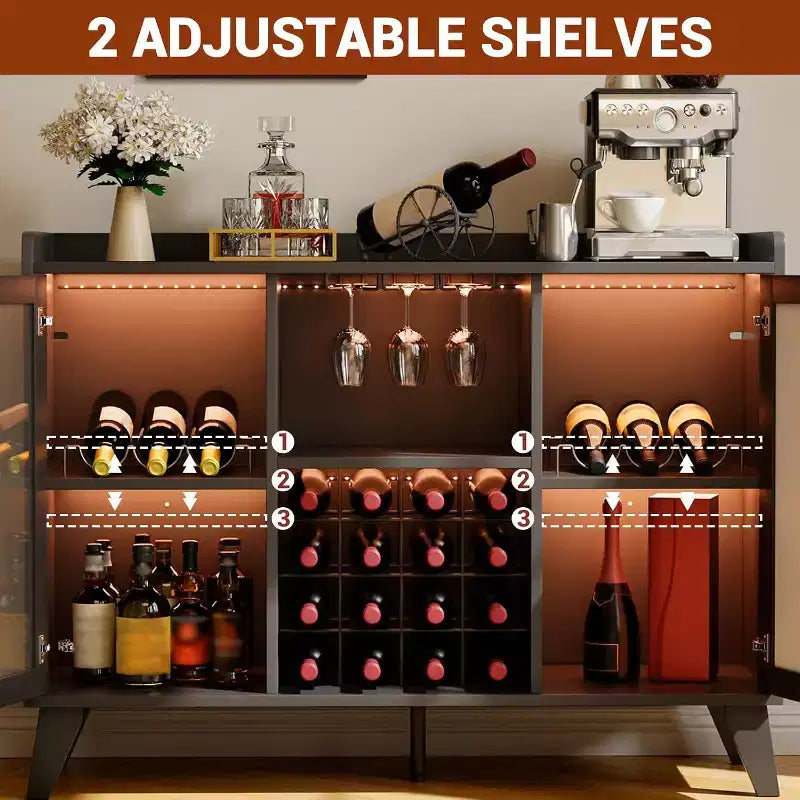 Meuble Bar à Vin de 47 Pouces, Desservante Autonome pour Bouteilles d'Alcool avec Étagères de Rangement, Casier à Vin et Porte-Verres pour Salle à Manger, Cuisine