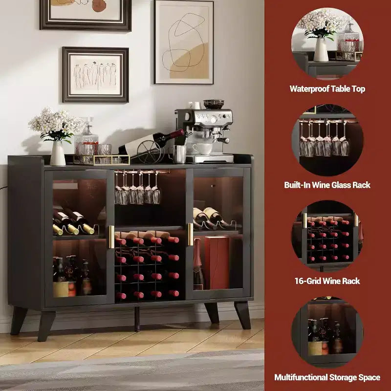 Meuble Bar à Vin de 47 Pouces, Desservante Autonome pour Bouteilles d'Alcool avec Étagères de Rangement, Casier à Vin et Porte-Verres pour Salle à Manger, Cuisine