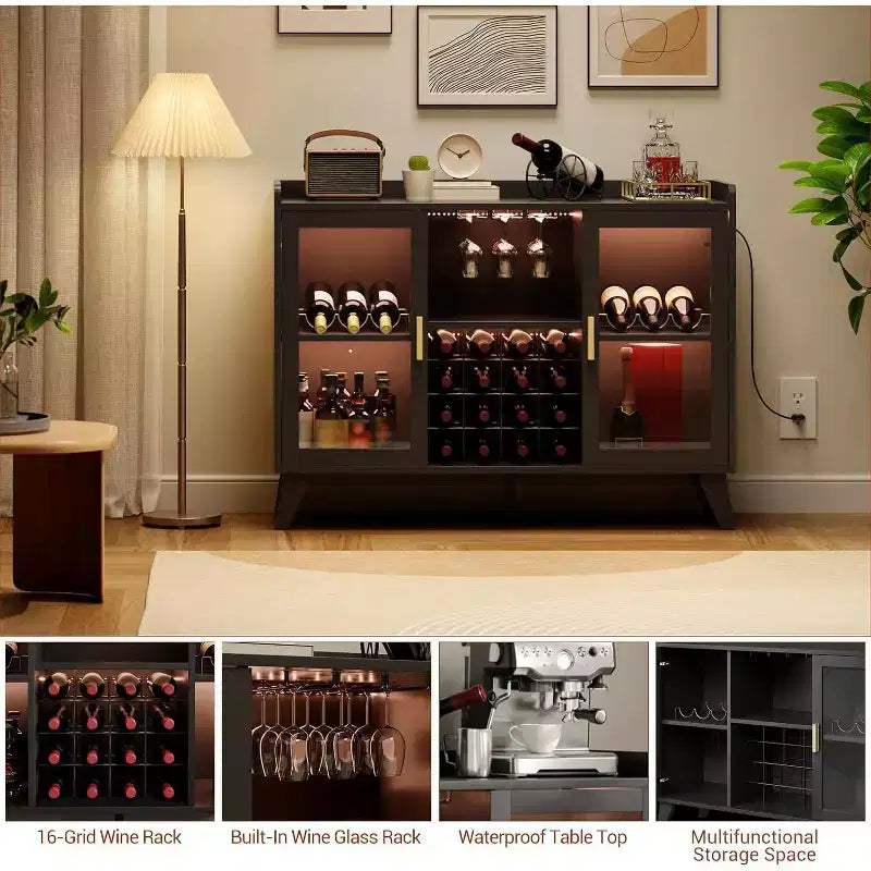 Meuble Bar à Vin de 47 Pouces, Desservante Autonome pour Bouteilles d'Alcool avec Étagères de Rangement, Casier à Vin et Porte-Verres pour Salle à Manger, Cuisine