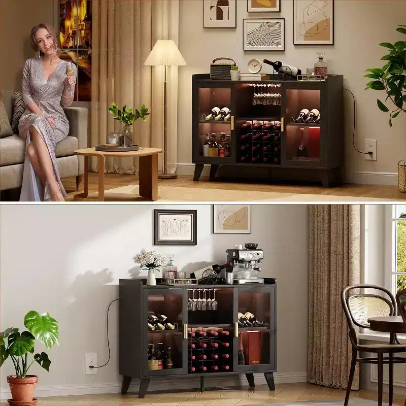 Meuble Bar à Vin de 47 Pouces, Desservante Autonome pour Bouteilles d'Alcool avec Étagères de Rangement, Casier à Vin et Porte-Verres pour Salle à Manger, Cuisine