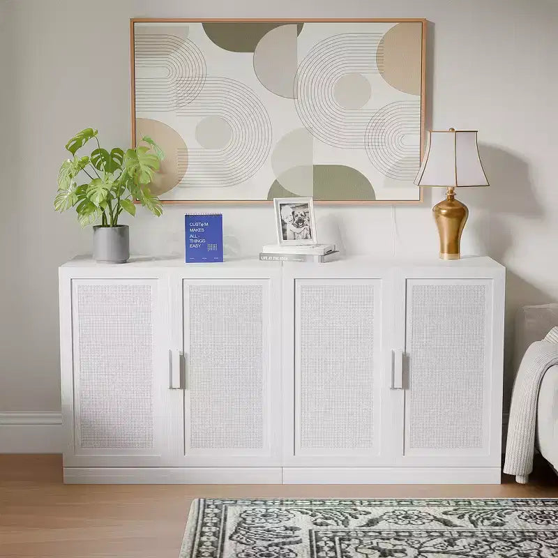 Credenza con ante in rattan a 3 scomparti, armadietto contenitore con ripiani regolabili - 93Lx31H
