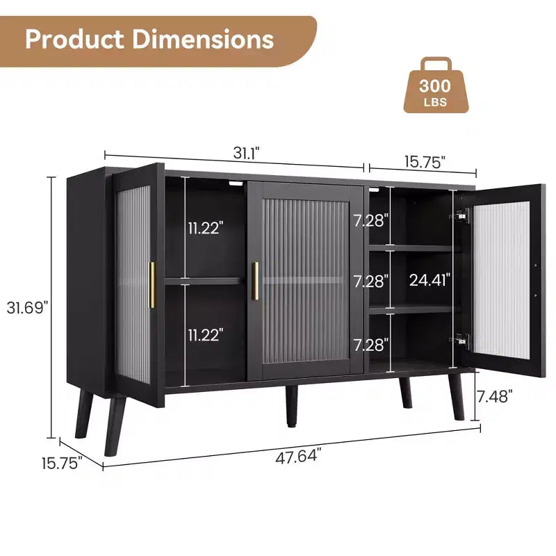 Mobile credenza con 3 ante lunghe in vetro effetto arcobaleno, credenza in truciolato di grande capacità, moderna per cucina, sala da pranzo o soggiorno, colore nero