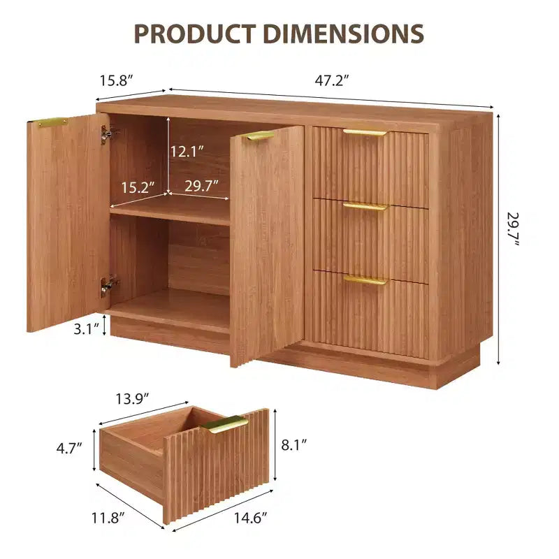 Madia moderna da 120 cm con contenitore, mobiletto compatto da cucina in legno con 3 cassetti e ripiano, tavolo buffet per sala da pranzo e soggiorno