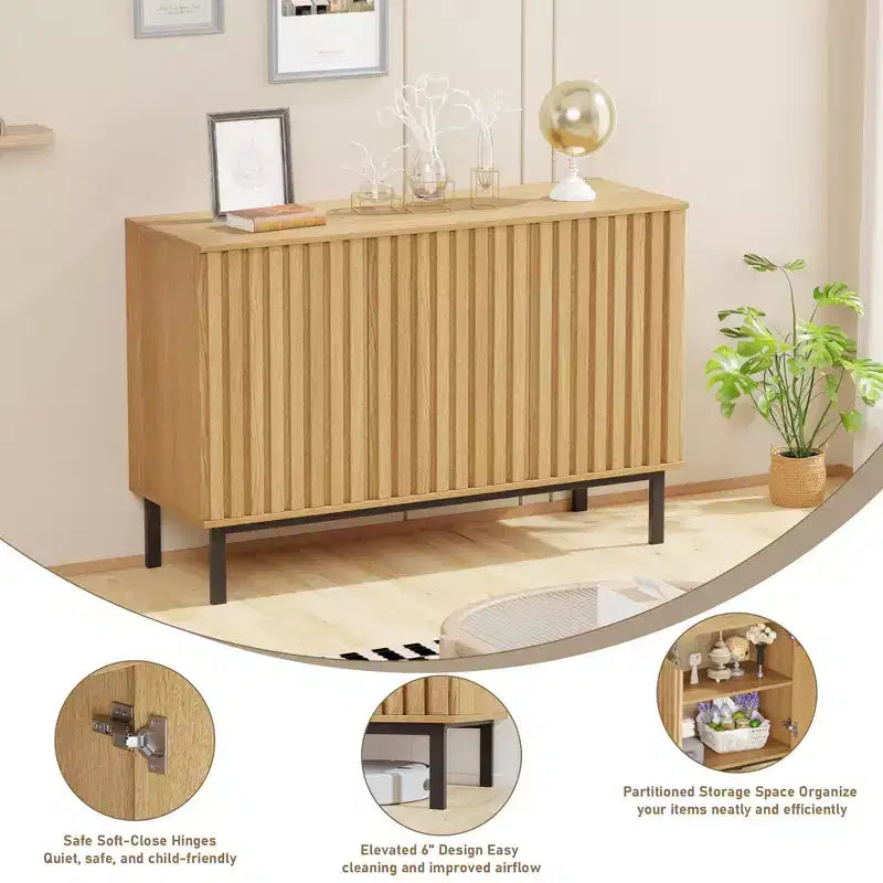 Buffet de 60 pouces avec Rangement, Grand Meuble de Rangement en Bois avec Portes Cannelées et Étagère Réglable, Bar à Café Autonome Moderne