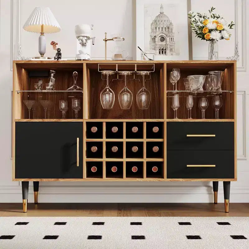 47 Meuble de bar à café de style ferme, meuble de bar à vin autoportant avec casier à vin, buffet en bois, meuble à liqueurs moderne.