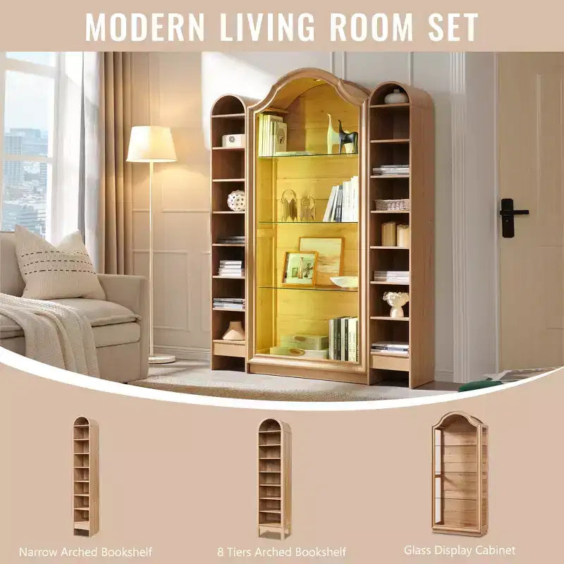 Vetrina in vetro ad arco da 72 pollici, Vetrina a 4 ripiani con luci LED a 20 colori, Scaffale espositivo moderno per soggiorno