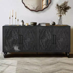 Sideboard Buffet, Wood Floor Cabinet With Carved Flower Door, Metal Handle, Freestanding Sideboard