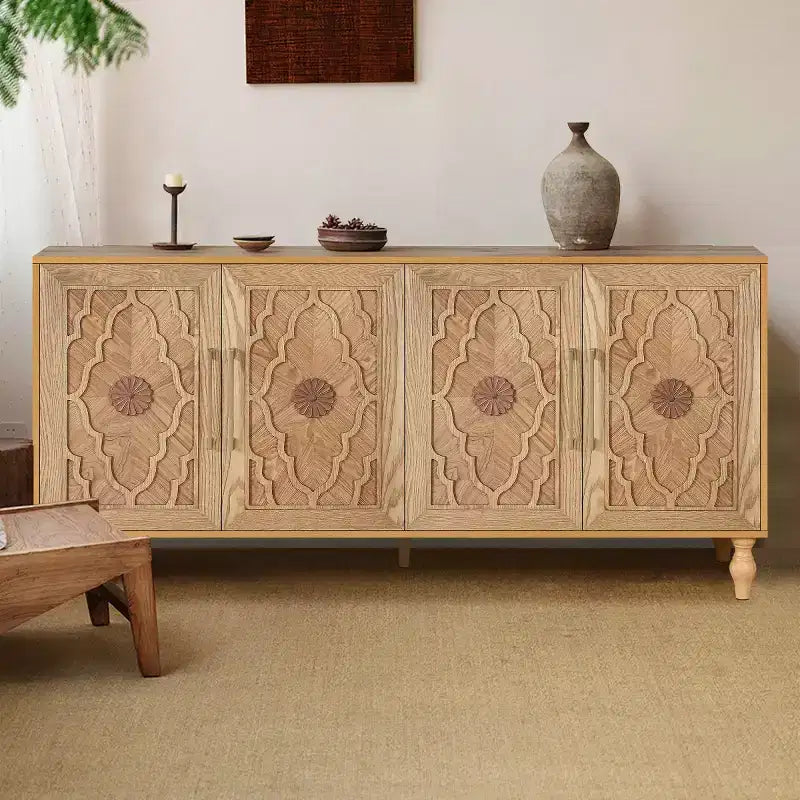 Credenza a Buffet, Mobiletto in Legno con Anta Scolpita a Fiori, Maniglia in Metallo, Credenza Autoportante