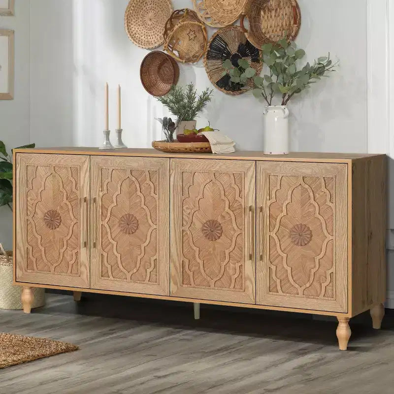 Credenza a Buffet, Mobiletto in Legno con Anta Scolpita a Fiori, Maniglia in Metallo, Credenza Autoportante