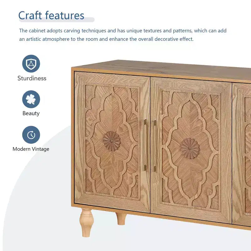 Credenza a Buffet, Mobiletto in Legno con Anta Scolpita a Fiori, Maniglia in Metallo, Credenza Autoportante