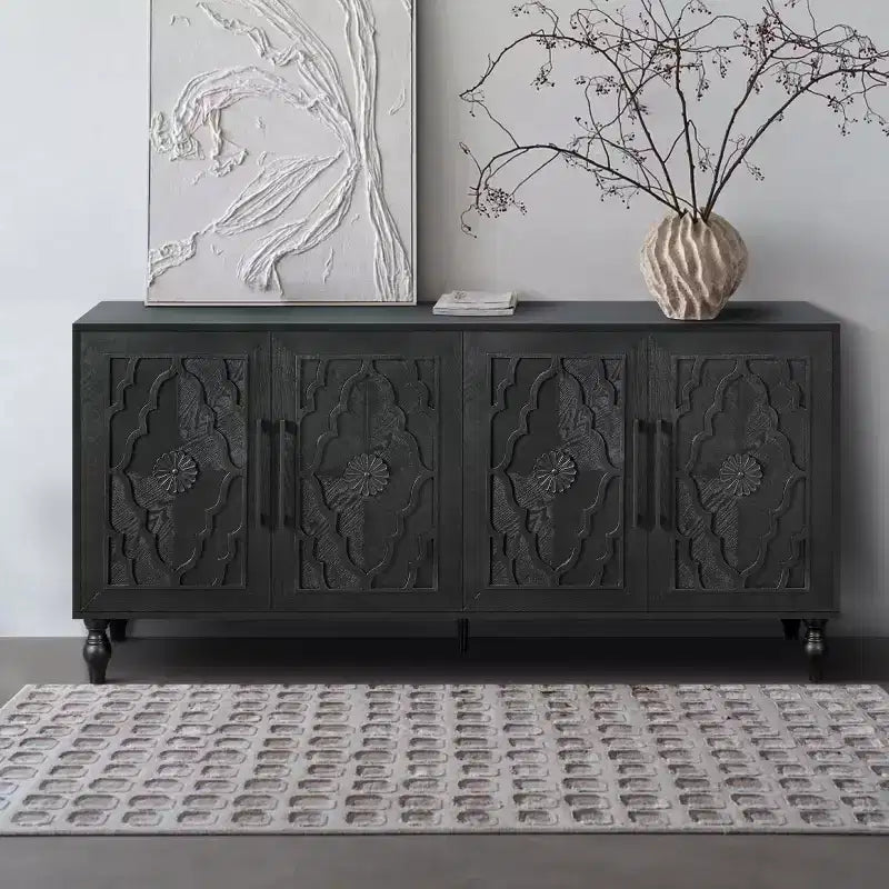 Credenza a Buffet, Mobiletto in Legno con Anta Scolpita a Fiori, Maniglia in Metallo, Credenza Autoportante
