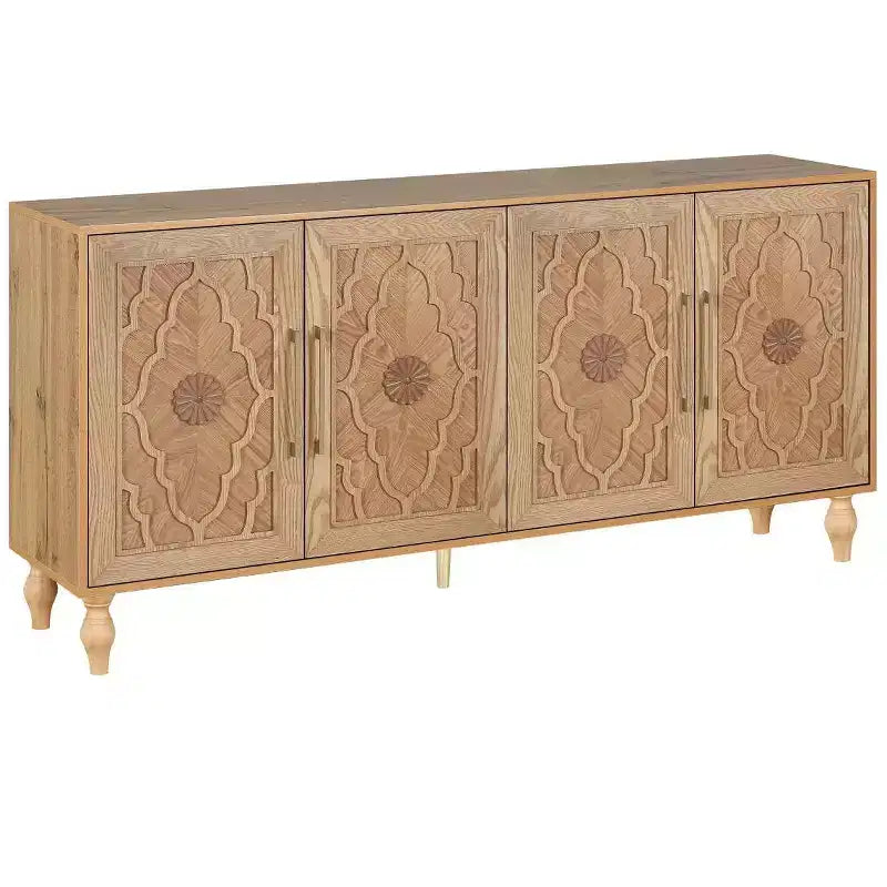Credenza a Buffet, Mobiletto in Legno con Anta Scolpita a Fiori, Maniglia in Metallo, Credenza Autoportante