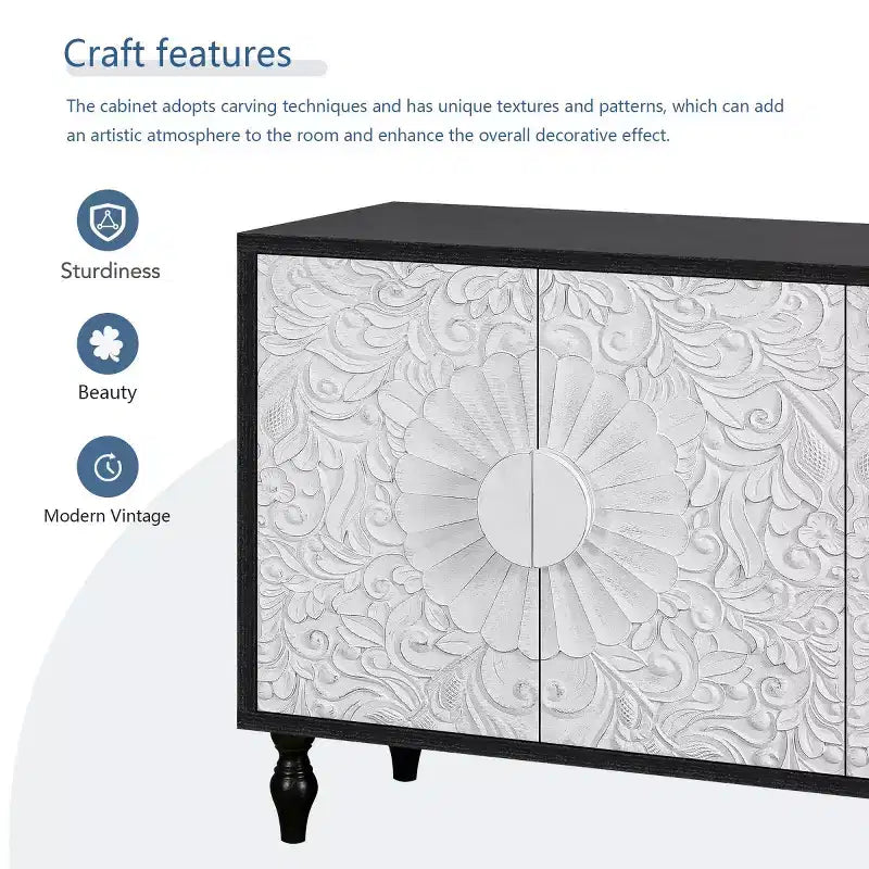 Credenza a Buffet, Mobiletto in Legno con Anta Scolpita a Fiori, Maniglia in Metallo, Credenza Autoportante