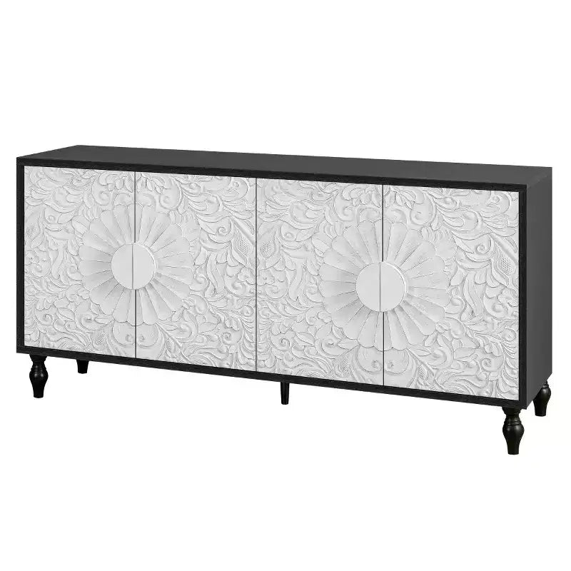 Credenza a Buffet, Mobiletto in Legno con Anta Scolpita a Fiori, Maniglia in Metallo, Credenza Autoportante