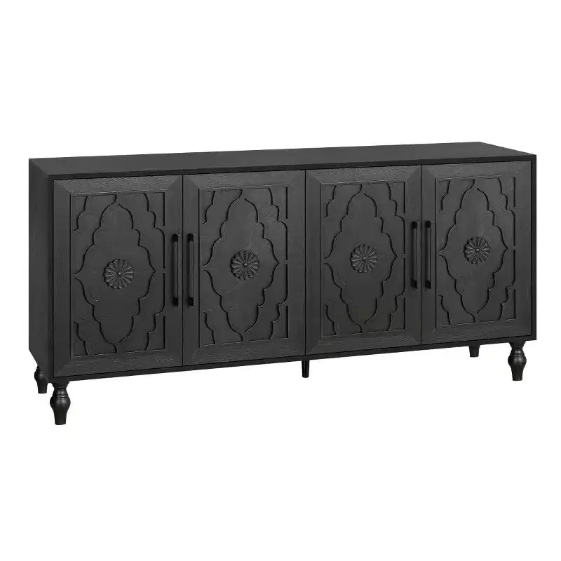 Credenza a Buffet, Mobiletto in Legno con Anta Scolpita a Fiori, Maniglia in Metallo, Credenza Autoportante