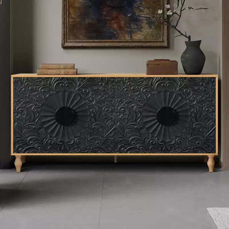 Credenza a Buffet, Mobiletto in Legno con Anta Scolpita a Fiori, Maniglia in Metallo, Credenza Autoportante