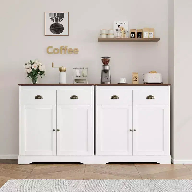 Mobile buffet con contenitore, mobile bar da fattoria con 2 ante e 2 cassetti, credenza da cucina in legno bianco