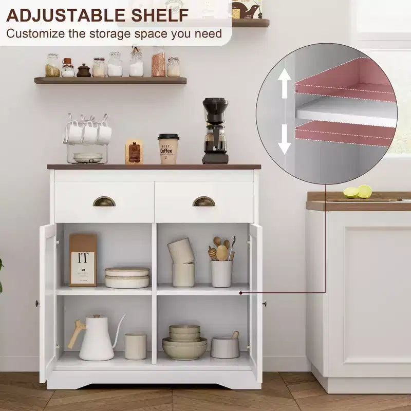 Mobile buffet con contenitore, mobile bar da fattoria con 2 ante e 2 cassetti, credenza da cucina in legno bianco