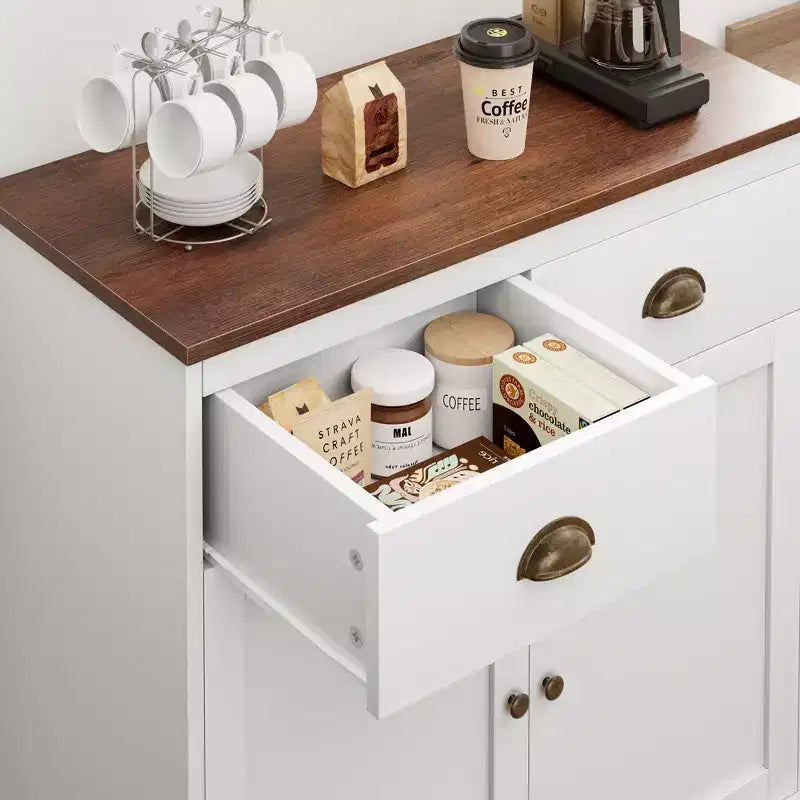 Mobile buffet con contenitore, mobile bar da fattoria con 2 ante e 2 cassetti, credenza da cucina in legno bianco