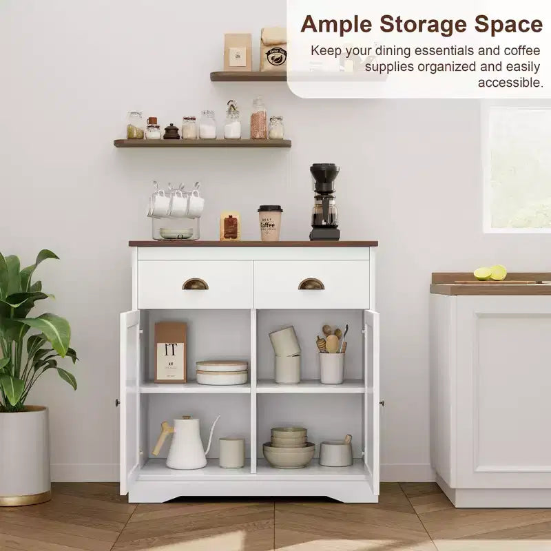 Mobile buffet con contenitore, mobile bar da fattoria con 2 ante e 2 cassetti, credenza da cucina in legno bianco
