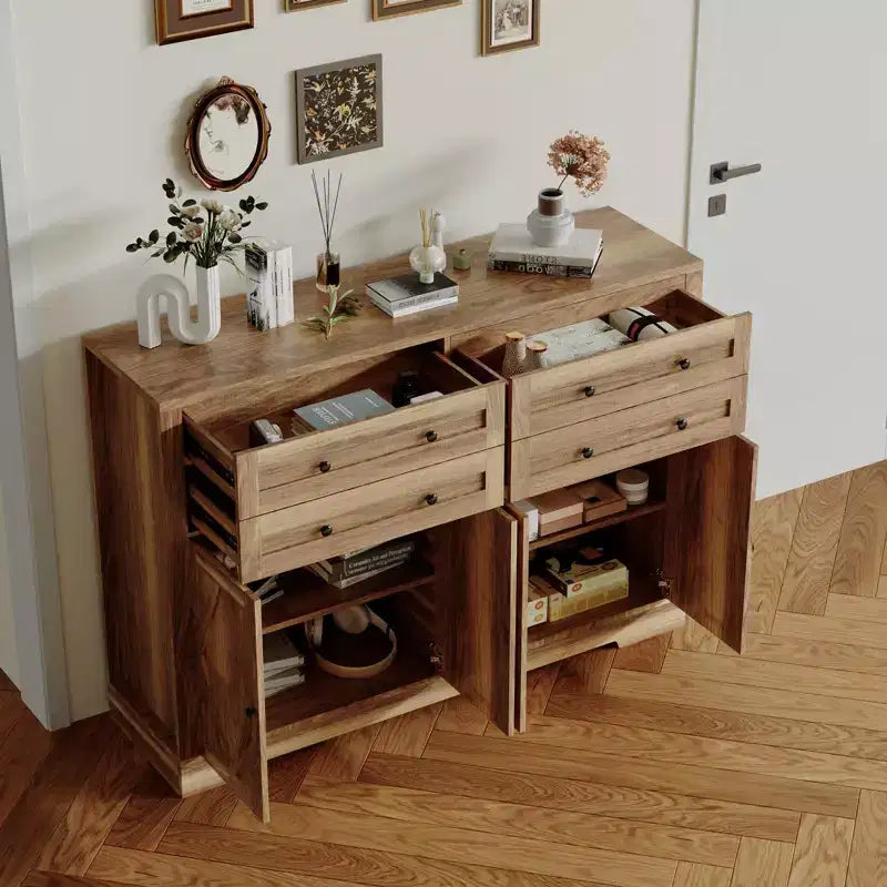 Buffet de salle à manger style ferme moderne avec rangement, Bahut de rangement avec 4 portes et 4 tiroirs, Meuble bar à café marron