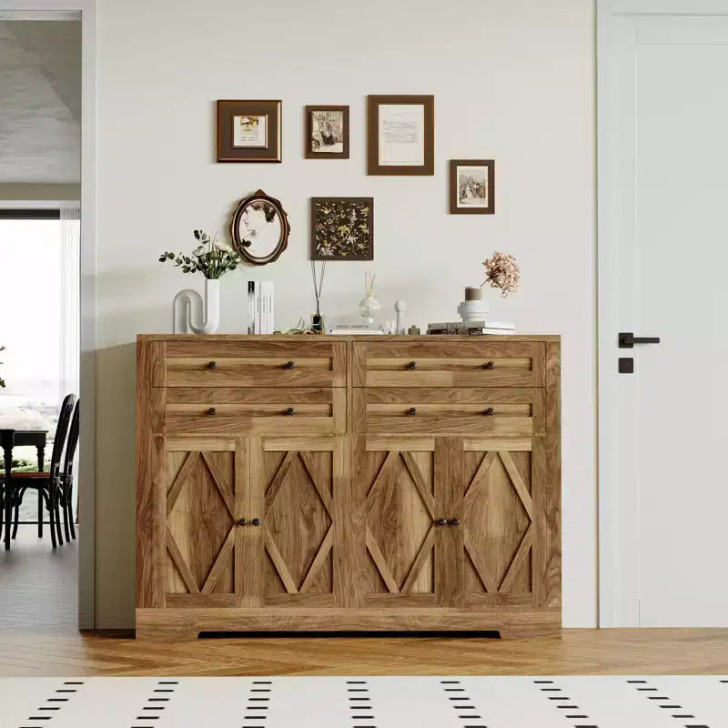 Buffet de salle à manger style ferme moderne avec rangement, Bahut de rangement avec 4 portes et 4 tiroirs, Meuble bar à café marron