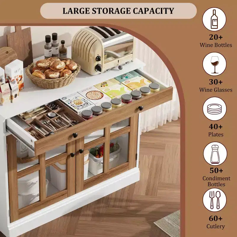 Madia da 89.9 cm, con Ante in Vetro, Mobile Contenitore con Cassetti, Credenza Bianca e Marrone, Buffet e Madie Moderne
