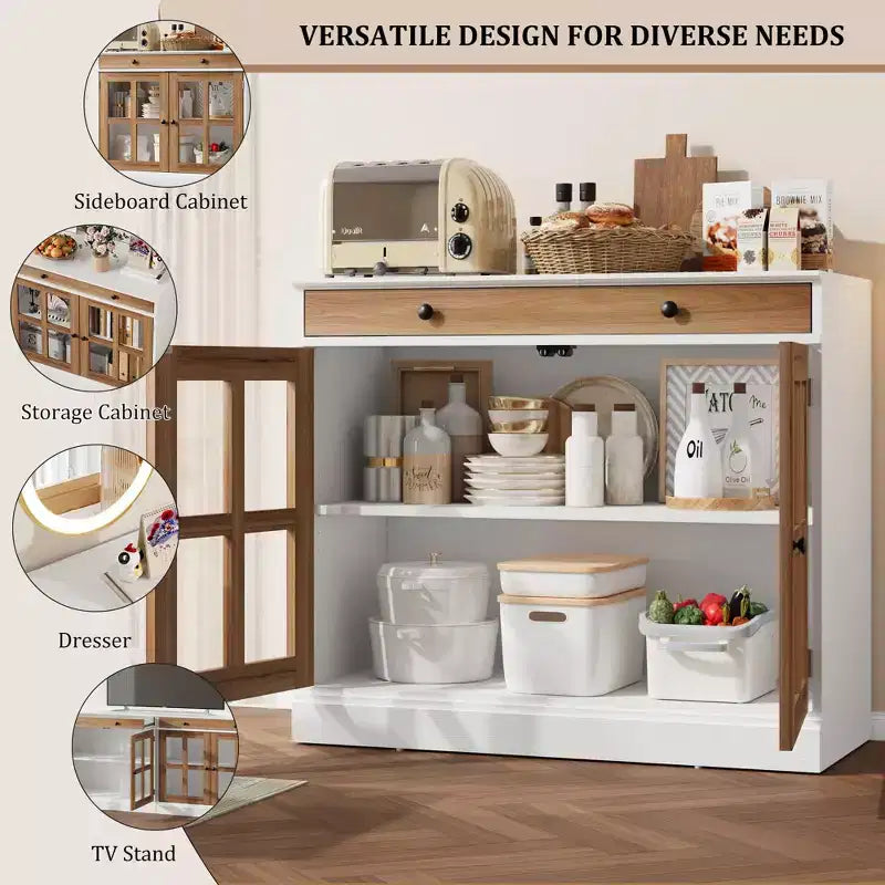 Madia da 89.9 cm, con Ante in Vetro, Mobile Contenitore con Cassetti, Credenza Bianca e Marrone, Buffet e Madie Moderne