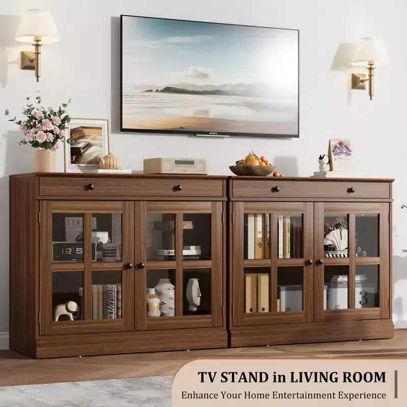 Madia da 89.9 cm, con Ante in Vetro, Mobile Contenitore con Cassetti, Credenza Bianca e Marrone, Buffet e Madie Moderne