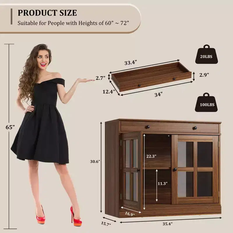 Madia da 89.9 cm, con Ante in Vetro, Mobile Contenitore con Cassetti, Credenza Bianca e Marrone, Buffet e Madie Moderne