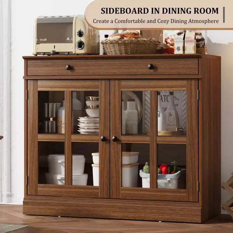 Madia da 89.9 cm, con Ante in Vetro, Mobile Contenitore con Cassetti, Credenza Bianca e Marrone, Buffet e Madie Moderne