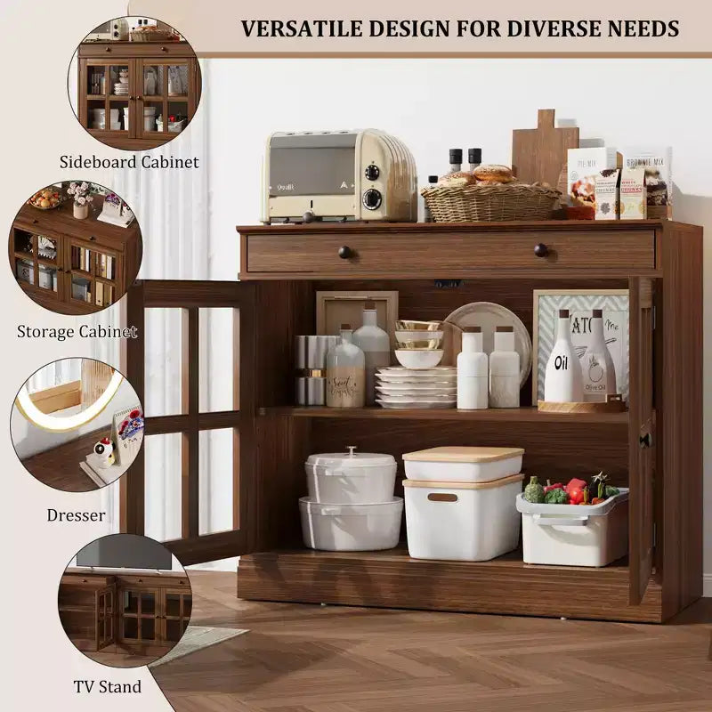 Madia da 89.9 cm, con Ante in Vetro, Mobile Contenitore con Cassetti, Credenza Bianca e Marrone, Buffet e Madie Moderne