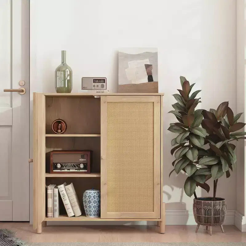 Meuble Buffet avec Rangement, Armoire de Rangement avec Portes en Rotin PE, Buffet d'Appoint avec Pieds en Bois Naturel