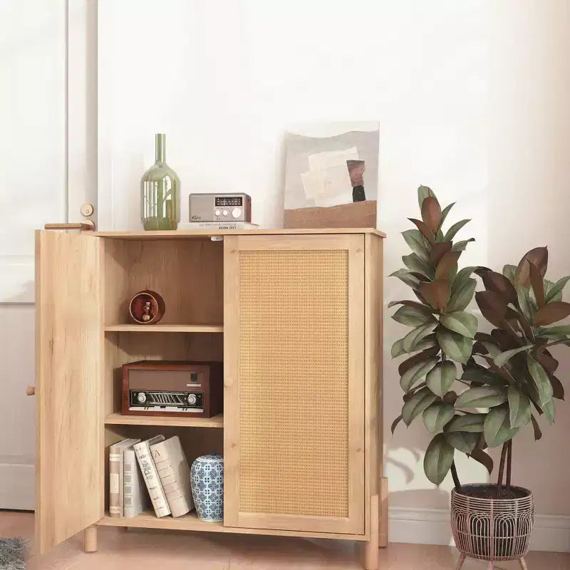 Meuble Buffet avec Rangement, Armoire de Rangement avec Portes en Rotin PE, Buffet d'Appoint avec Pieds en Bois Naturel