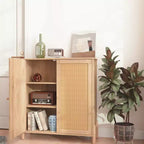 Meuble Buffet avec Rangement, Armoire de Rangement avec Portes en Rotin PE, Buffet d'Appoint avec Pieds en Bois Naturel