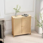 Meuble Buffet avec Rangement, Armoire de Rangement avec Portes en Rotin PE, Buffet d'Appoint avec Pieds en Bois Naturel
