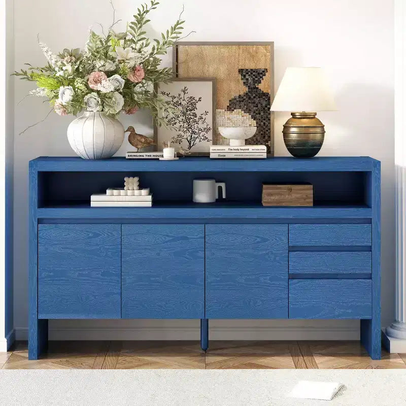 60 Storage Cabinet Buffet Sideboard with 3 Doors, 3 Drawers and Open Shelf, Accent Entryway Console Table navy blue