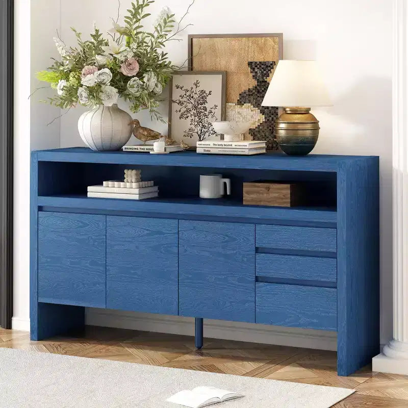 Buffet de rangement de 152 cm avec 3 portes, 3 tiroirs et une étagère ouverte, console d'entrée bleu marine