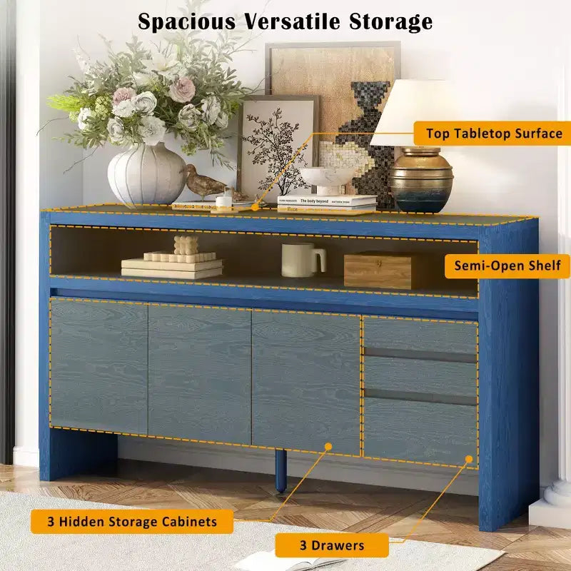 Buffet de rangement de 152 cm avec 3 portes, 3 tiroirs et une étagère ouverte, console d'entrée bleu marine