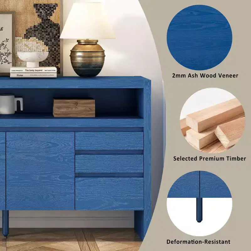 Buffet de rangement de 152 cm avec 3 portes, 3 tiroirs et une étagère ouverte, console d'entrée bleu marine