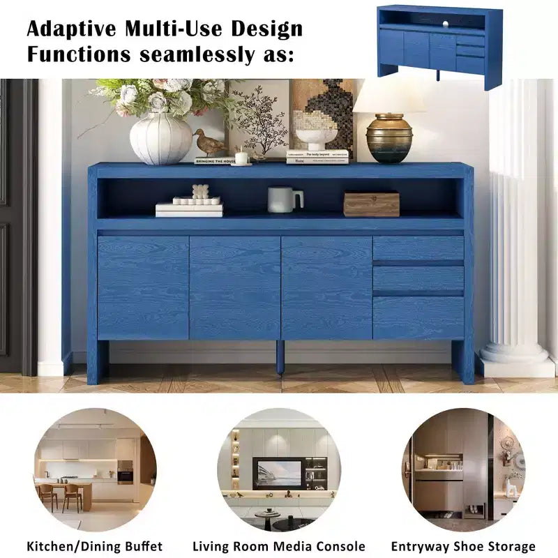 Buffet de rangement de 152 cm avec 3 portes, 3 tiroirs et une étagère ouverte, console d'entrée bleu marine