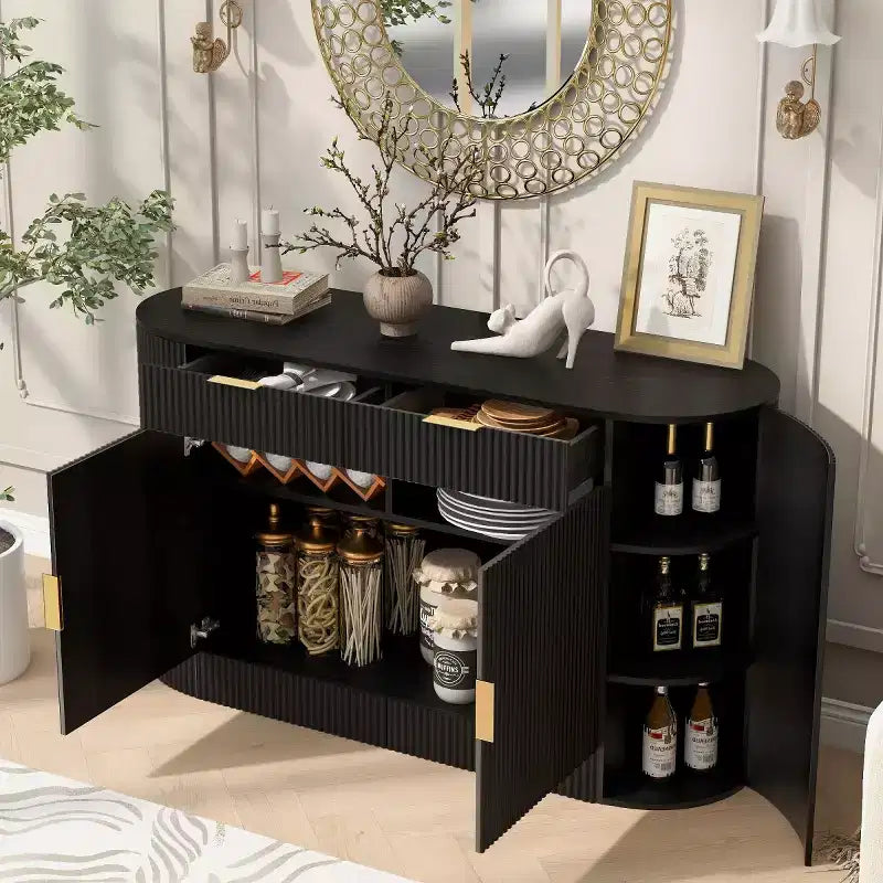 55 Modern Sleek Sideboard Buffet Cabinet with Curved Side Doors, Large Storage Cabinet for Dining Room, Living Room, or Entryway-Panipeachy