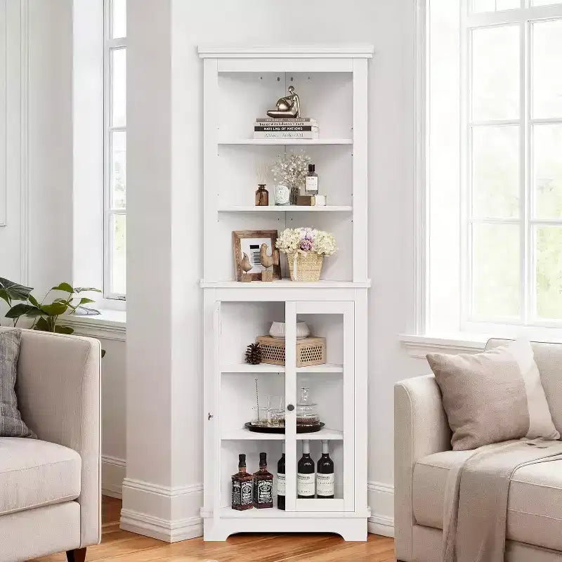 Corner Cabinet,65 Tall Modern Corner Bathroom Storage Cabinet with Glass Doors & Adjustable Shelves,5-Tier Display Cabinet,Home Space Saver