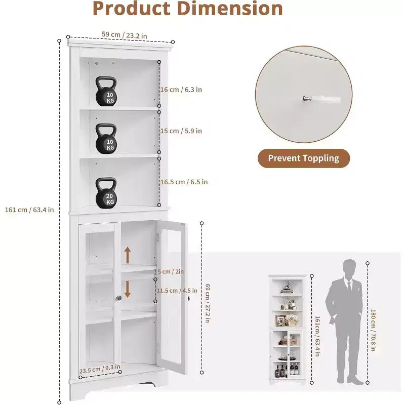 Meuble d'angle, meuble de rangement d'angle de salle de bain moderne de 65 po avec portes vitrées et étagères réglables, vitrine à 5 niveaux, économiseur d'espace pour la maison