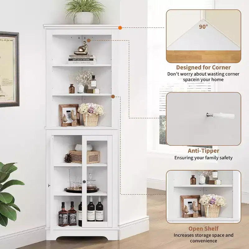Meuble d'angle, meuble de rangement d'angle de salle de bain moderne de 65 po avec portes vitrées et étagères réglables, vitrine à 5 niveaux, économiseur d'espace pour la maison