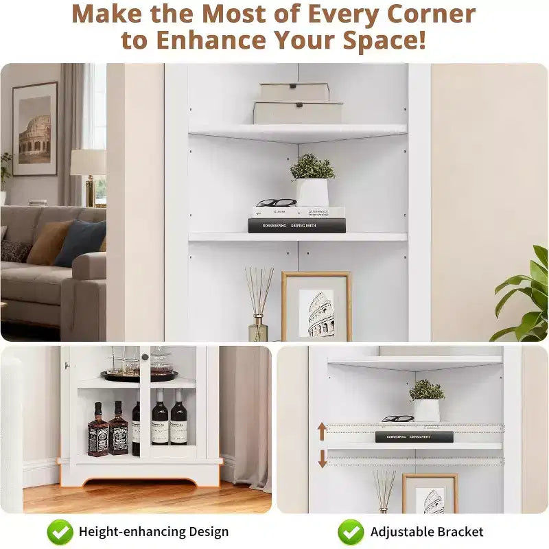 Meuble d'angle, meuble de rangement d'angle de salle de bain moderne de 65 po avec portes vitrées et étagères réglables, vitrine à 5 niveaux, économiseur d'espace pour la maison