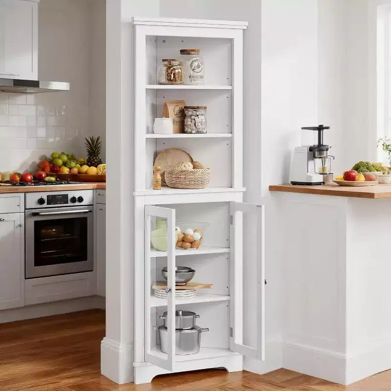 Meuble d'angle, meuble de rangement d'angle de salle de bain moderne de 65 po avec portes vitrées et étagères réglables, vitrine à 5 niveaux, économiseur d'espace pour la maison