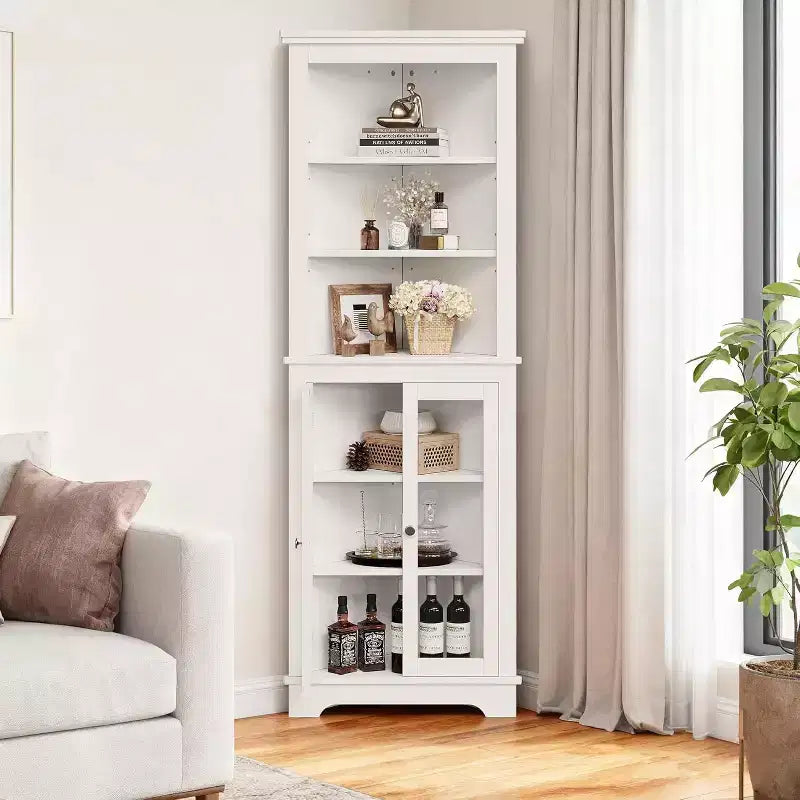 Meuble d'angle, meuble de rangement d'angle de salle de bain moderne de 65 po avec portes vitrées et étagères réglables, vitrine à 5 niveaux, économiseur d'espace pour la maison