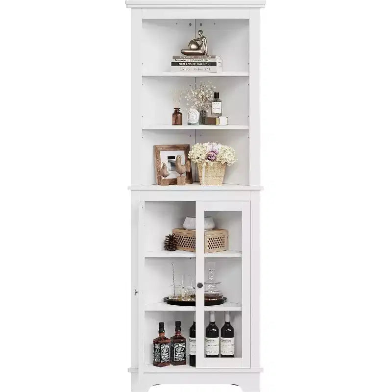 Meuble d'angle, meuble de rangement d'angle de salle de bain moderne de 65 po avec portes vitrées et étagères réglables, vitrine à 5 niveaux, économiseur d'espace pour la maison